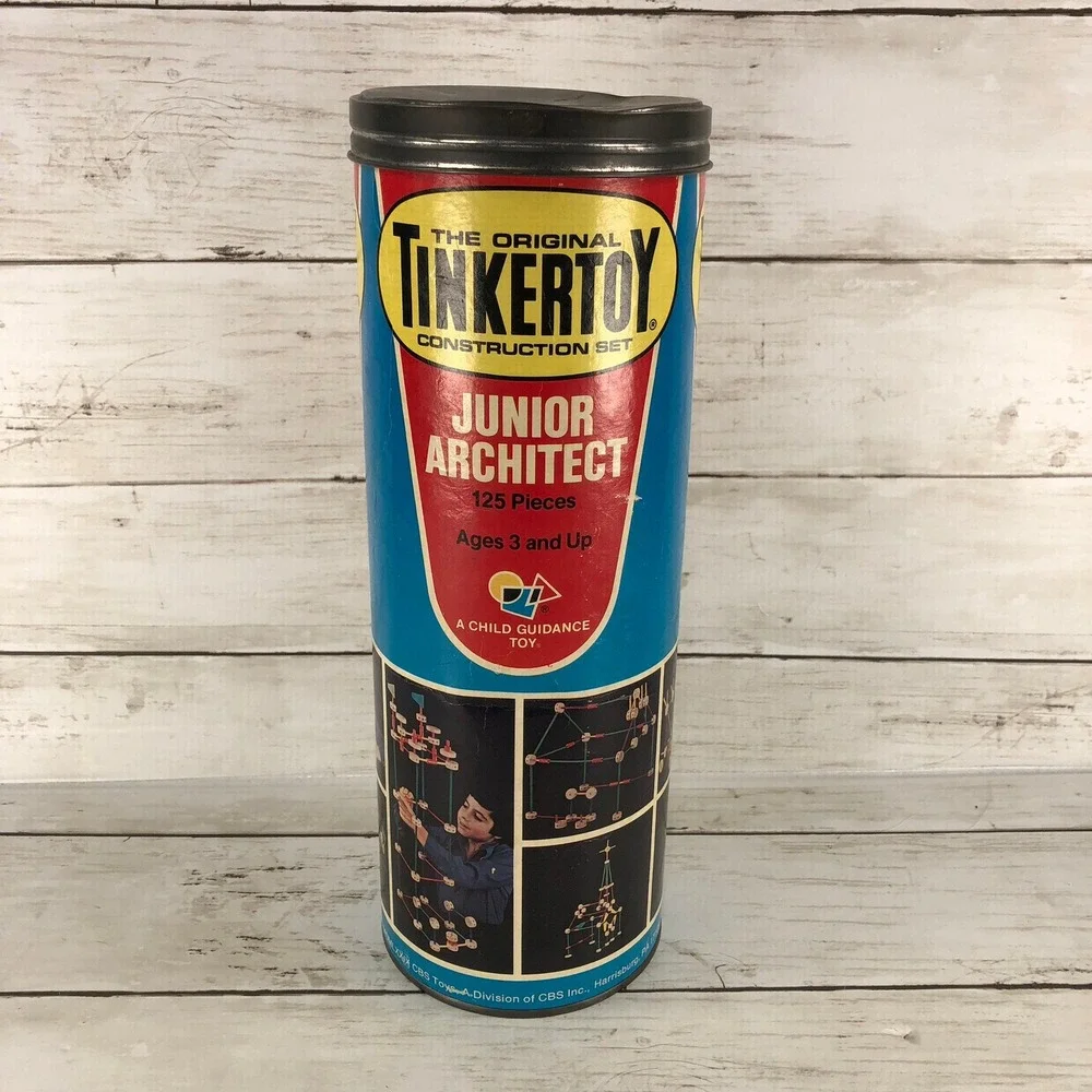Vintage Tinkertoy Junior Architect Construction Set CBS Toys Canister
